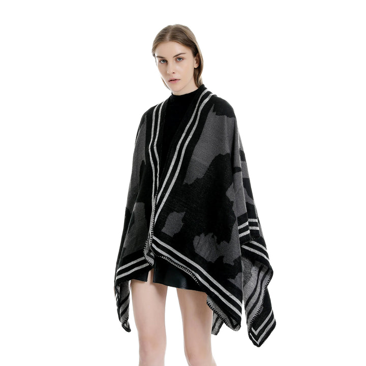 Women's Oversized Fine Knit Ruana with Abstract Jacquard and Contrasting Edge Trim Mune Fashion
