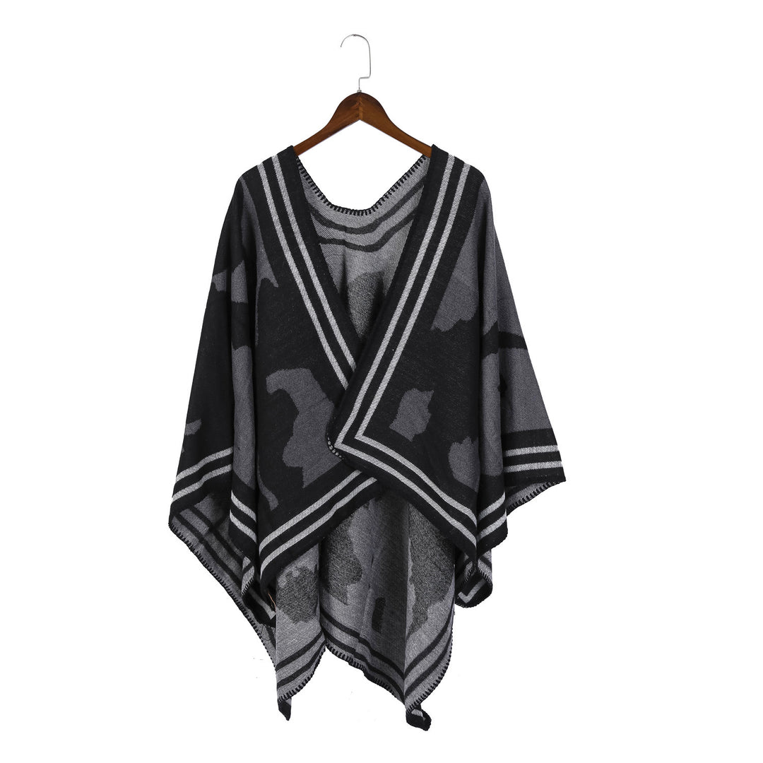 Women's Oversized Fine Knit Ruana with Abstract Jacquard and Contrasting Edge Trim Mune Fashion