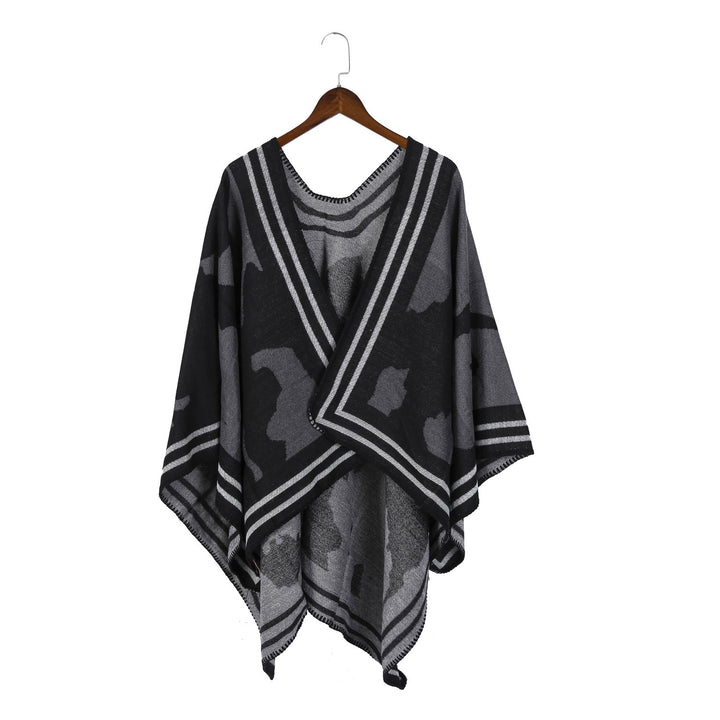 Women's Oversized Fine Knit Ruana with Abstract Jacquard and Contrasting Edge Trim Mune Fashion