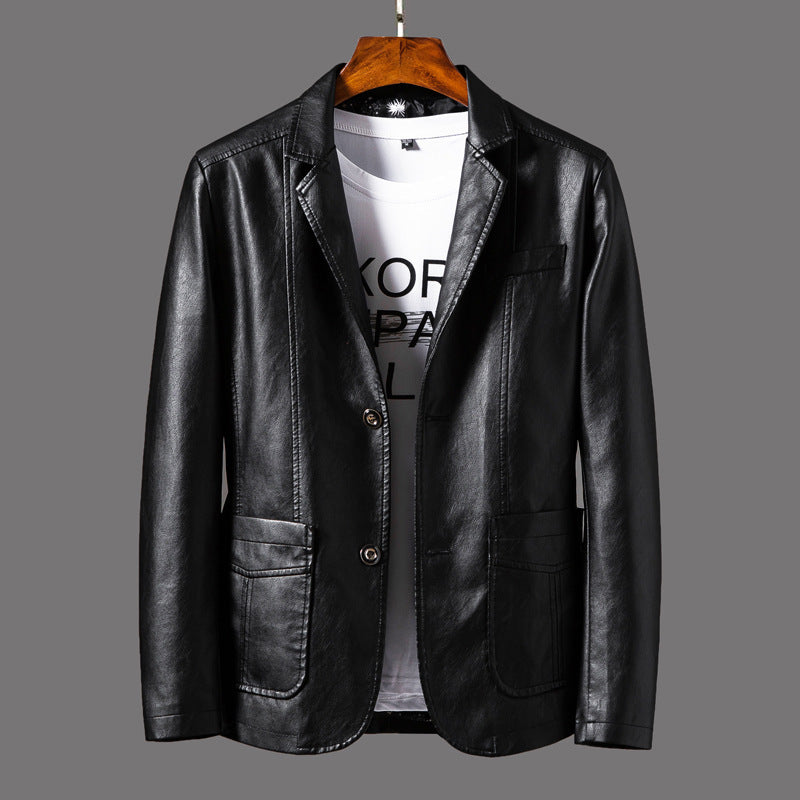 Men's Elegant Faux Leather Blazer with Shirt Collar and Patch Pockets Mune Fashion