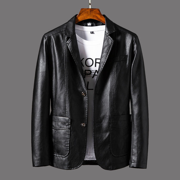 Men's faux leather blazer-style jacket with decorative stitching and patch pockets Mune Fashion