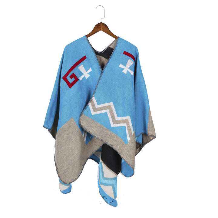 Women Geometric Jacquard Ruana Throw with V-Neck and Decorative Stitch Edge Mune Fashion