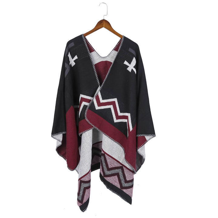 Women Geometric Jacquard Ruana Throw with V-Neck and Decorative Stitch Edge Mune Fashion