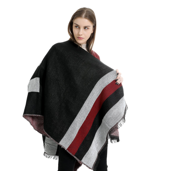 Women's Oversize Wrap Ruana in Diagonal Stripes with Fringe Edging Mune Fashion