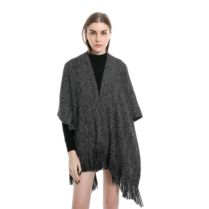 Women Oversize Knit Ruana with Glitter Thread and Fringes Mune Fashion