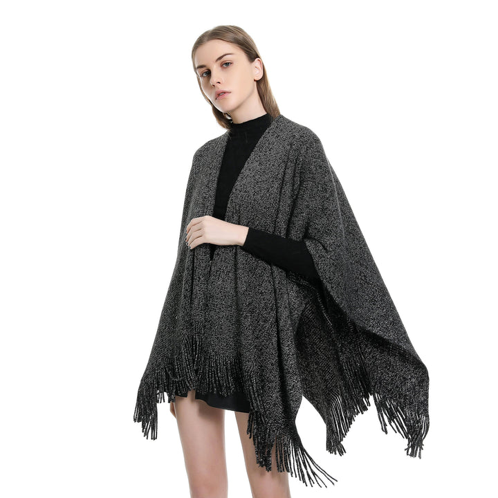 Women Oversize Knit Ruana with Glitter Thread and Fringes Mune Fashion