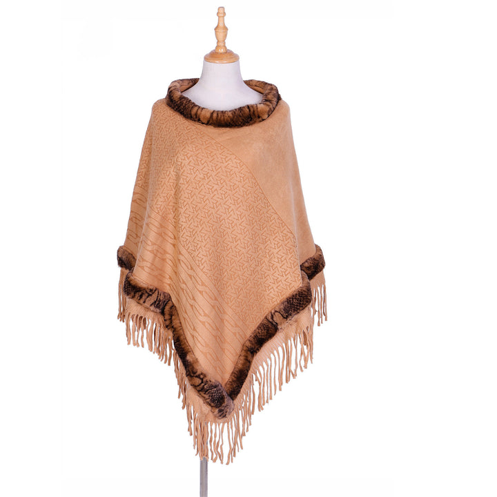 Ladies elegant wool blend poncho with faux fur trim and fringed hem Mune Fashion