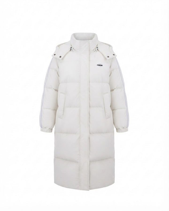 Women's nan longer quilted thermal coat with high stand-up collar, sports stripes, and integrated chest pocket