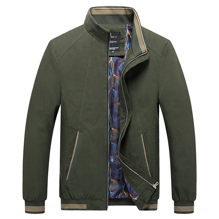 Men's Lightweight Harrington Jacket with Stand-Up Collar, Concealed Zipper, Striped Ribbed Cuffs & Patterned Lining Mune Fashion