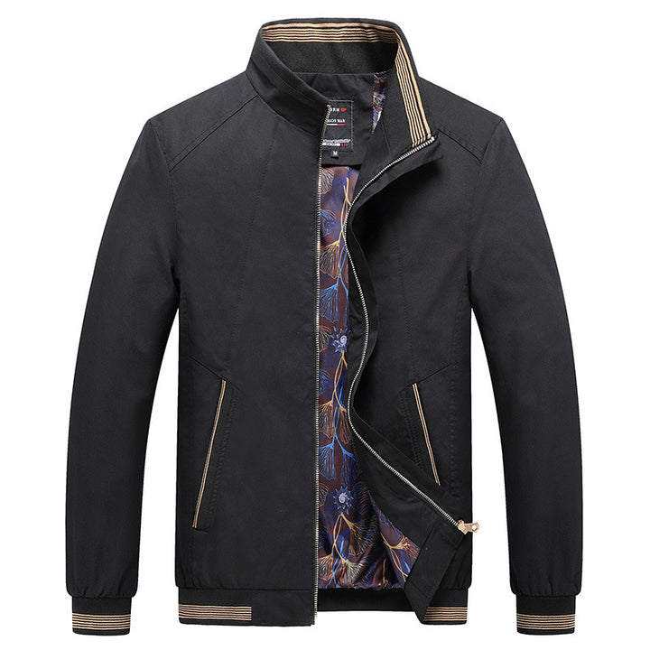 Men's Lightweight Harrington Jacket with Stand-Up Collar, Concealed Zipper, Striped Ribbed Cuffs & Patterned Lining Mune Fashion