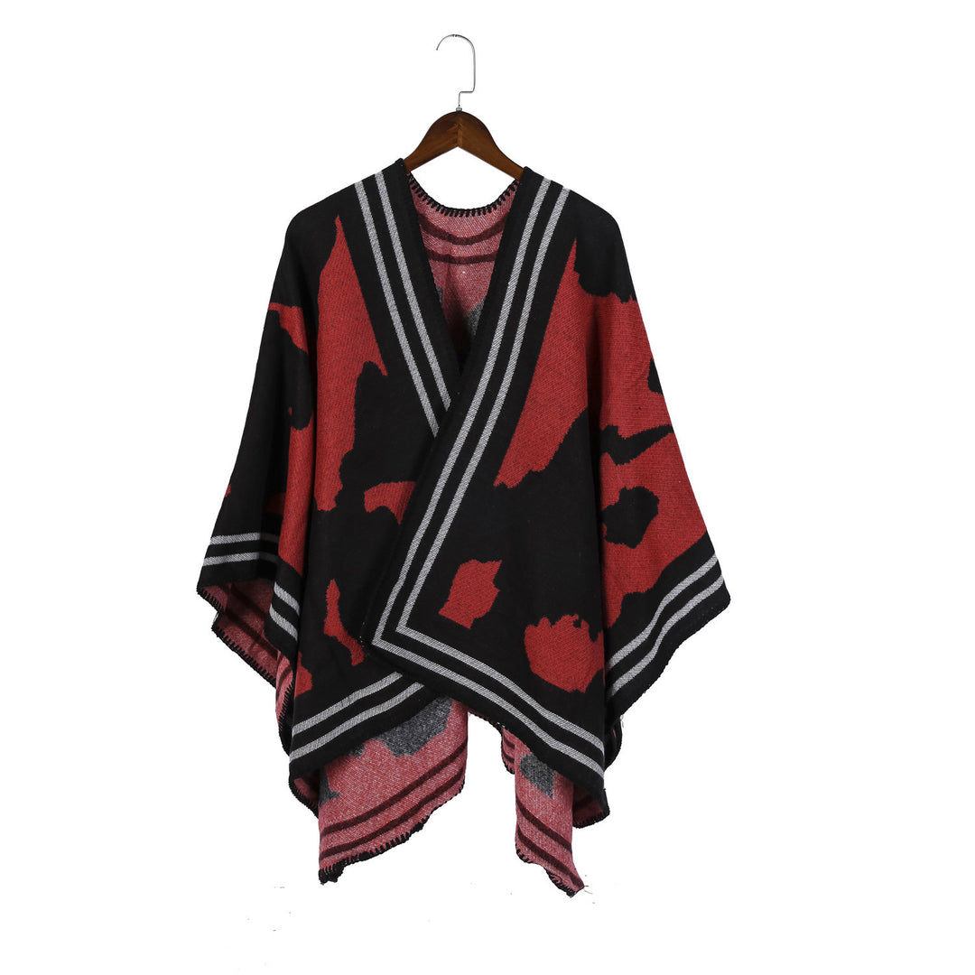 Women's Oversized Fine Knit Ruana with Abstract Jacquard and Contrasting Edge Trim Mune Fashion