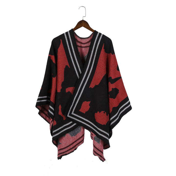 Women's Oversized Fine Knit Ruana with Abstract Jacquard and Contrasting Edge Trim Mune Fashion