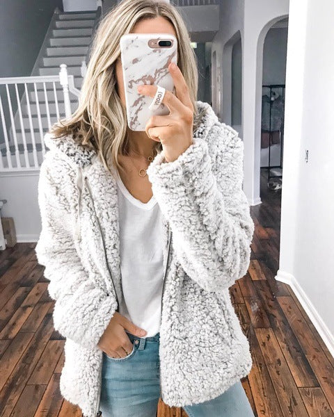Women nan cozy teddy fleece transitional jacket with hood and zipper Mune Fashion