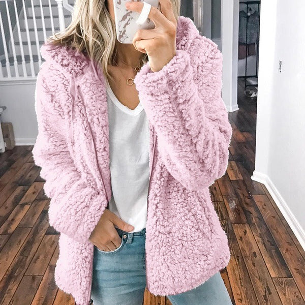 Women nan cozy teddy fleece transitional jacket with hood and zipper Mune Fashion