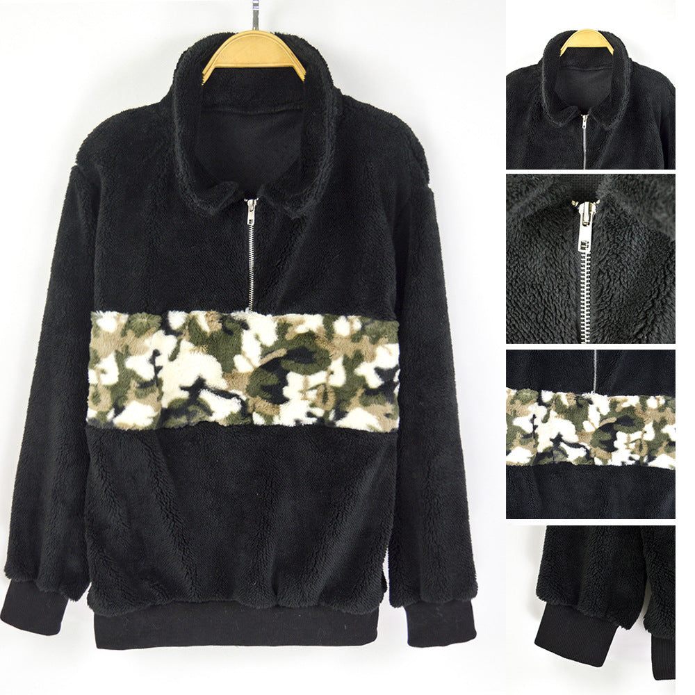 Women's teddy fleece pullover with short zipper & camouflage cuff Mune Fashion