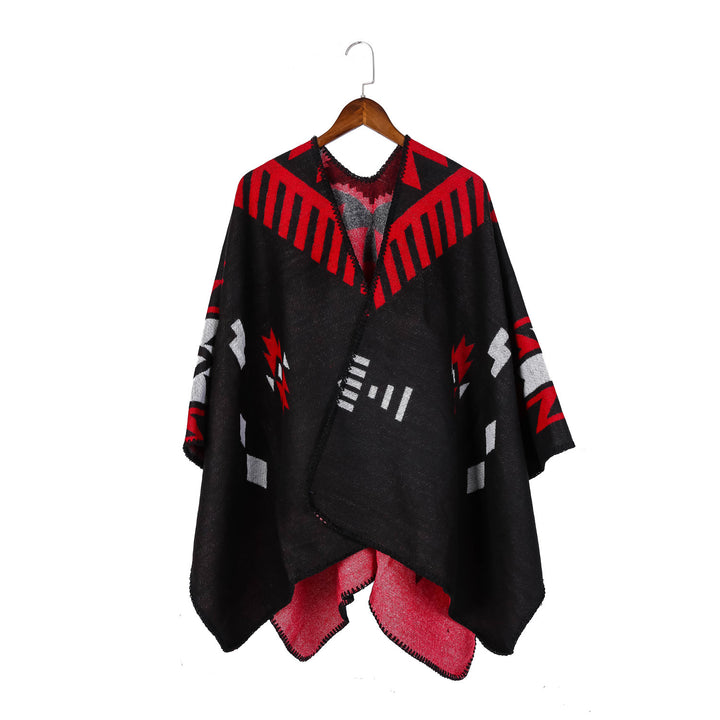 Women's Jacquard Ruana Cloak with Geometric Pattern and Reversible Finish Mune Fashion
