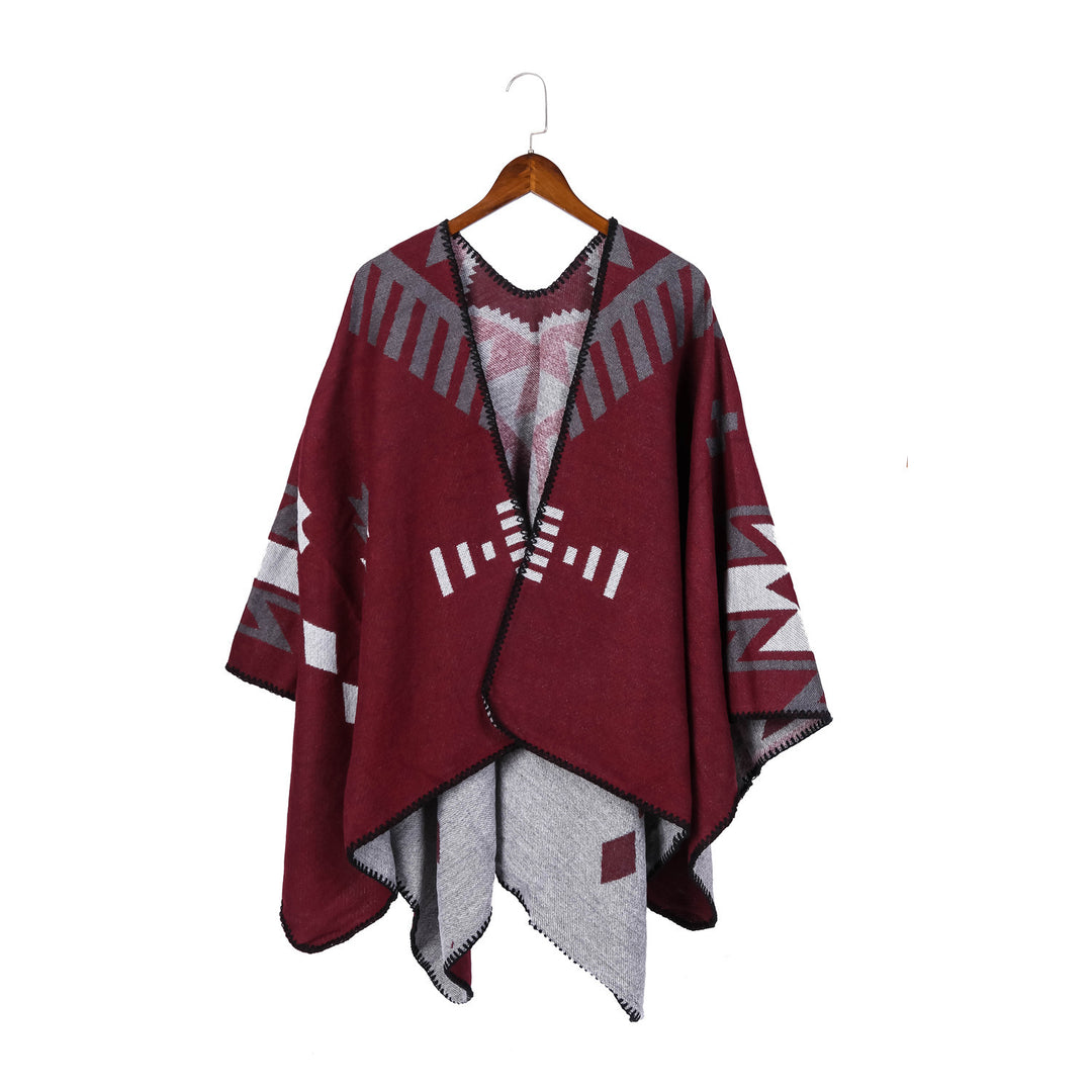 Women's Jacquard Ruana Cloak with Geometric Pattern and Reversible Finish Mune Fashion