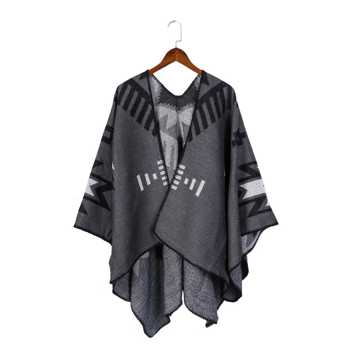 Women's Jacquard Ruana Cloak with Geometric Pattern and Reversible Finish Mune Fashion