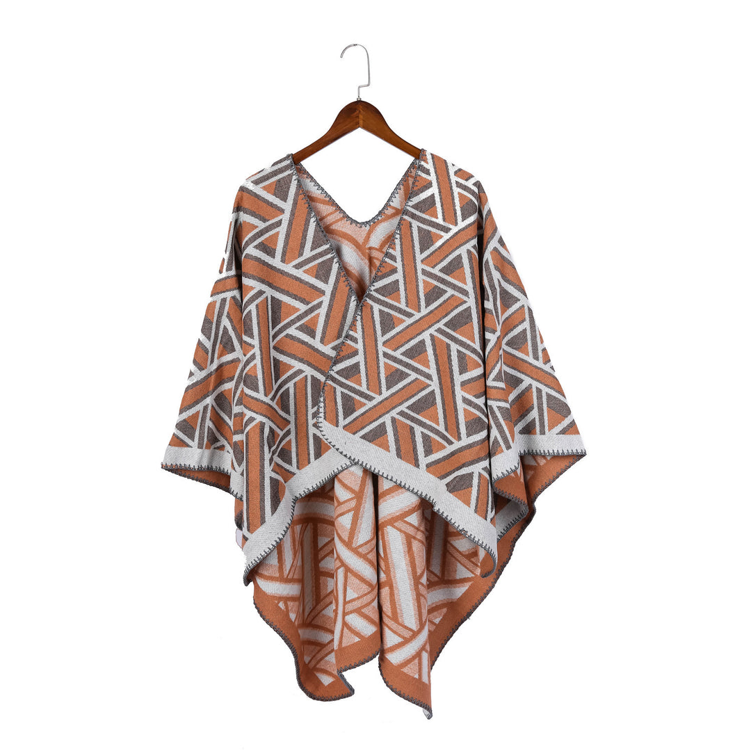 Women's Oversize Ruana with geometric jacquard and decorative seam Mune Fashion