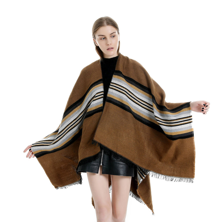Women Casual Ruana Poncho made of wool blend with asymmetrical point and fine stripe jacquard Mune Fashion