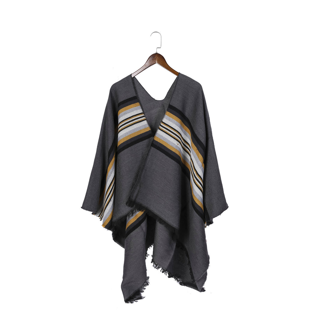Women Casual Ruana Poncho made of wool blend with asymmetrical point and fine stripe jacquard Mune Fashion