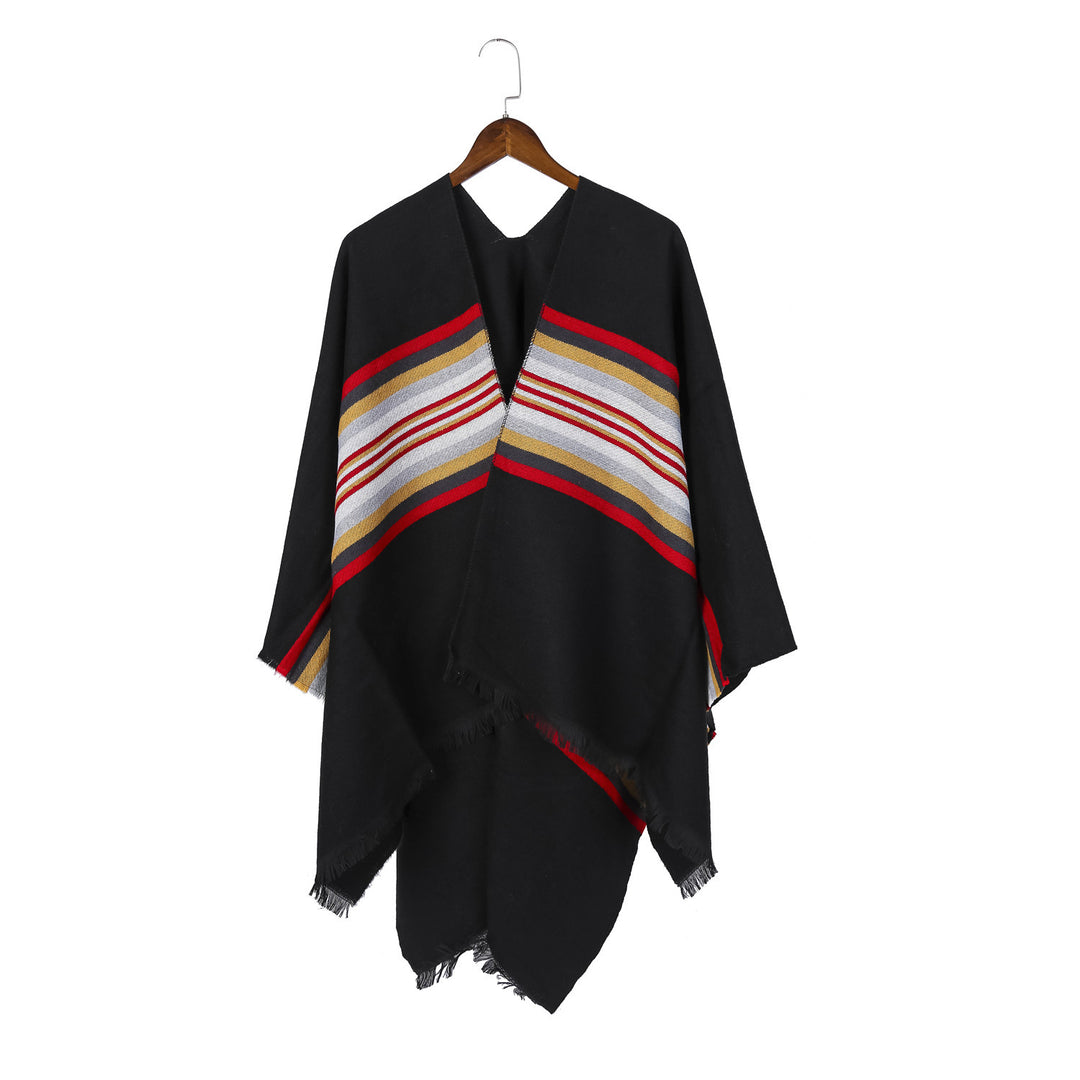 Women Casual Ruana Poncho made of wool blend with asymmetrical point and fine stripe jacquard Mune Fashion