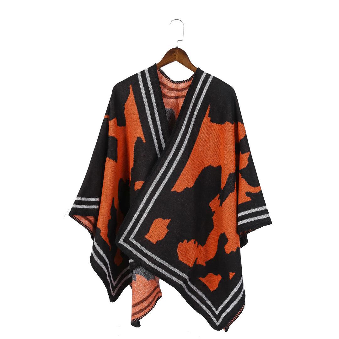 Women's Oversized Fine Knit Ruana with Abstract Jacquard and Contrasting Edge Trim Mune Fashion