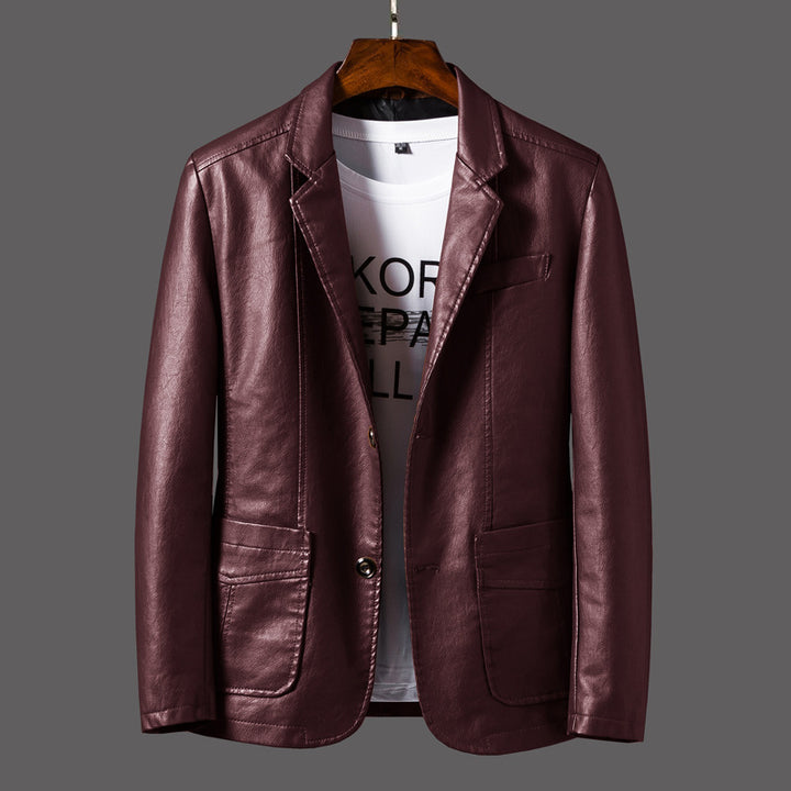 Men's Elegant Faux Leather Blazer with Shirt Collar and Patch Pockets Mune Fashion