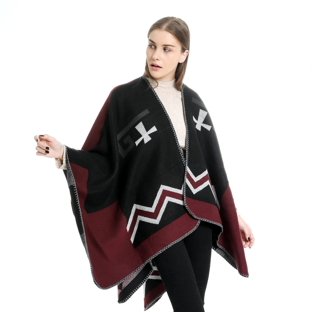 Women Geometric Jacquard Ruana Throw with V-Neck and Decorative Stitch Edge Mune Fashion