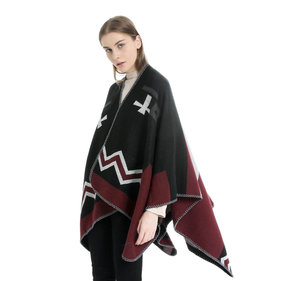 Women Geometric Jacquard Ruana Throw with V-Neck and Decorative Stitch Edge Mune Fashion
