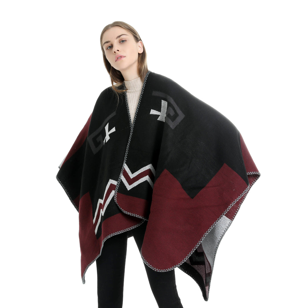 Women Geometric Jacquard Ruana Throw with V-Neck and Decorative Stitch Edge Mune Fashion