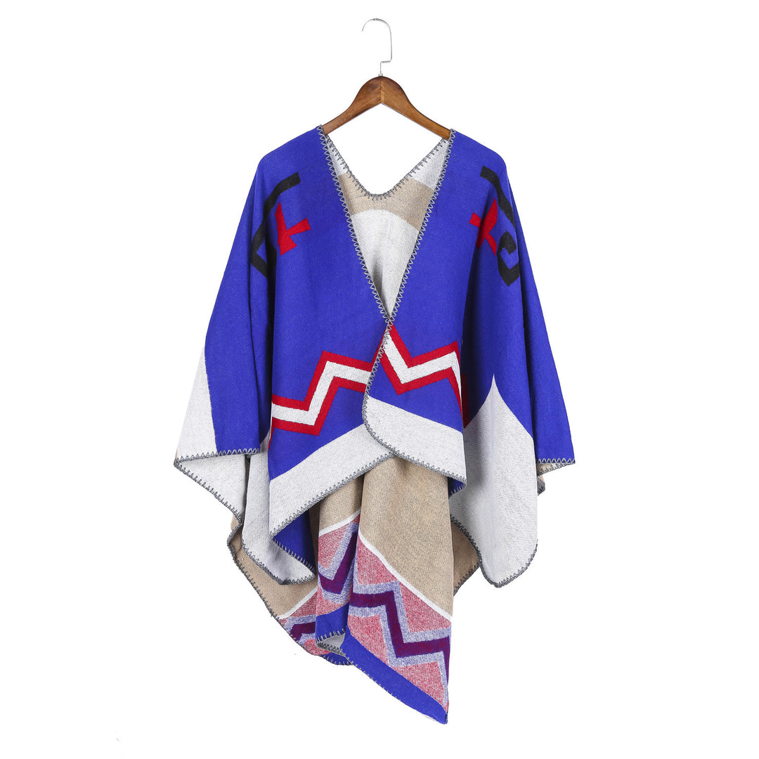 Women Geometric Jacquard Ruana Throw with V-Neck and Decorative Stitch Edge Mune Fashion