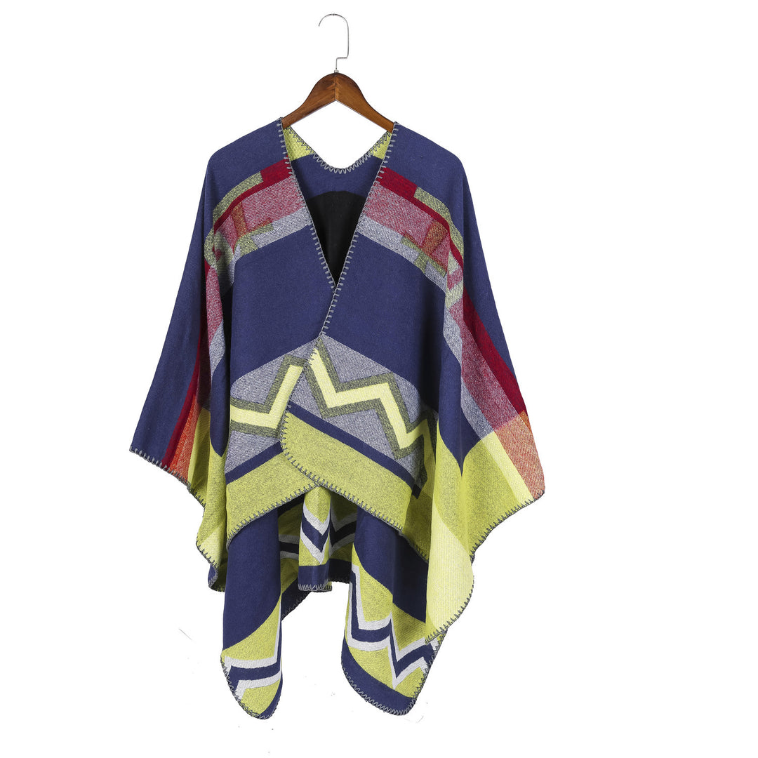Women Geometric Jacquard Ruana Throw with V-Neck and Decorative Stitch Edge Mune Fashion