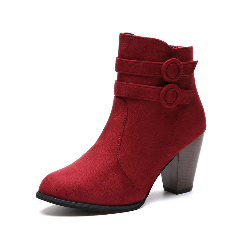 Women's elegant short ankle boots in suede look with double surrounding decorative strap and conically stacked heel Mune Fashion
