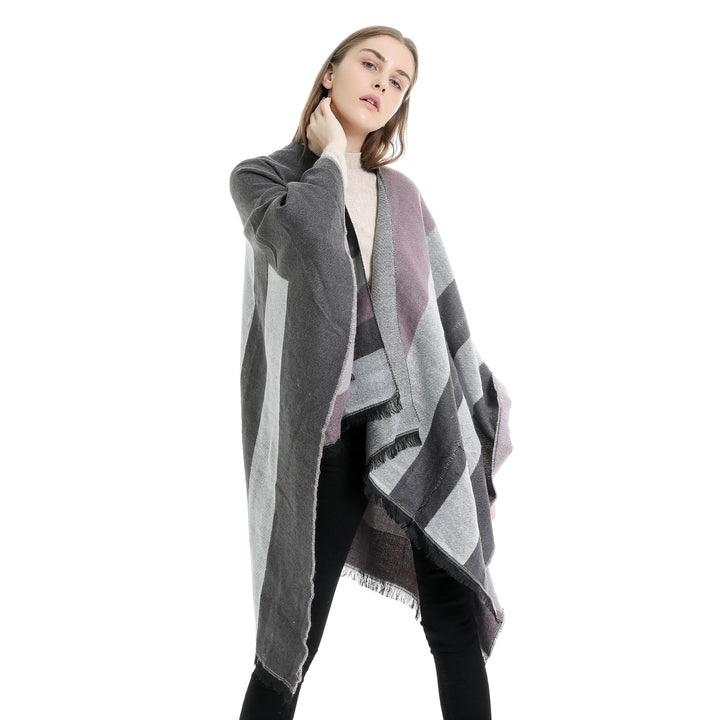 Women's Oversize Wrap Ruana in Diagonal Stripes with Fringe Edging Mune Fashion
