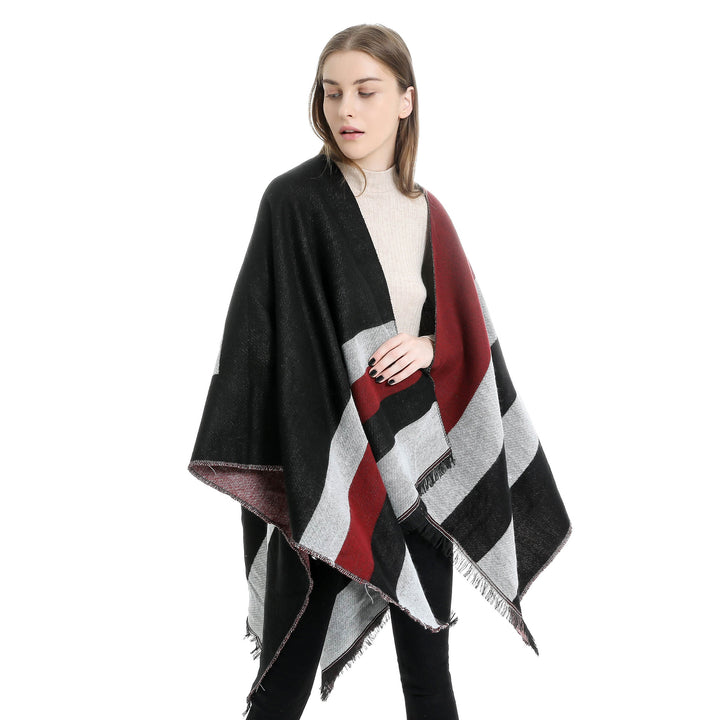 Women's Oversize Wrap Ruana in Diagonal Stripes with Fringe Edging Mune Fashion