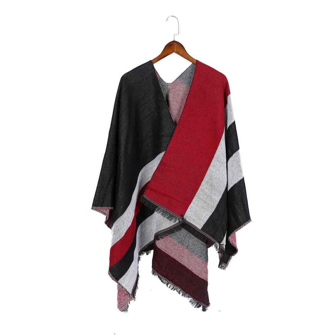 Women's Oversize Wrap Ruana in Diagonal Stripes with Fringe Edging Mune Fashion