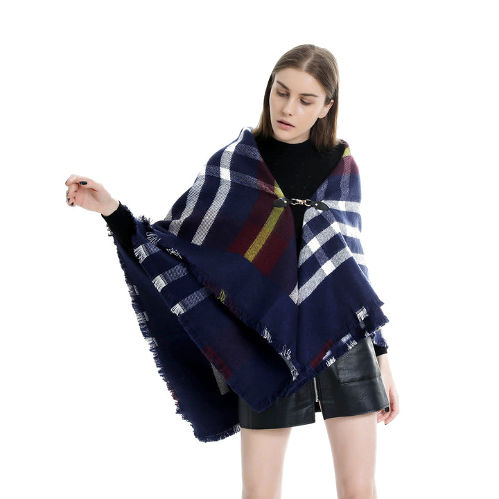 Women's Checked Wool Blend Cape Poncho with Fringes and Leather Closure Mune Fashion