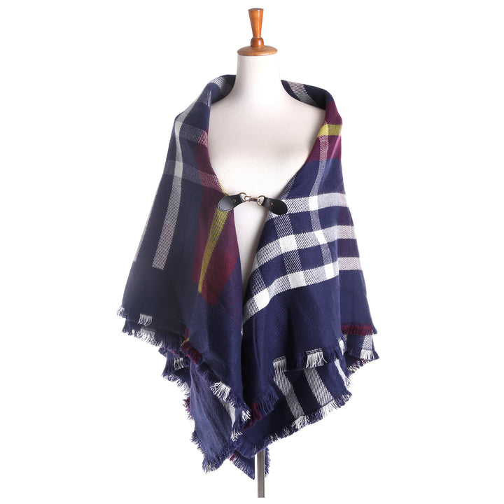 Women's Checked Wool Blend Cape Poncho with Fringes and Leather Closure Mune Fashion