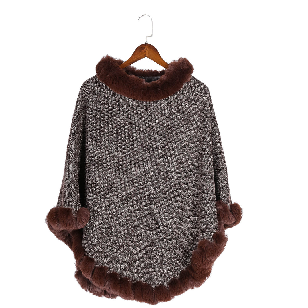 Women's finely knitted ruana poncho with faux fur trim and asymmetric hem Mune Fashion