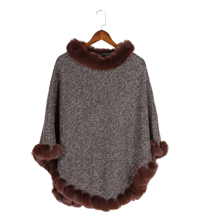 Women's finely knitted ruana poncho with faux fur trim and asymmetric hem Mune Fashion