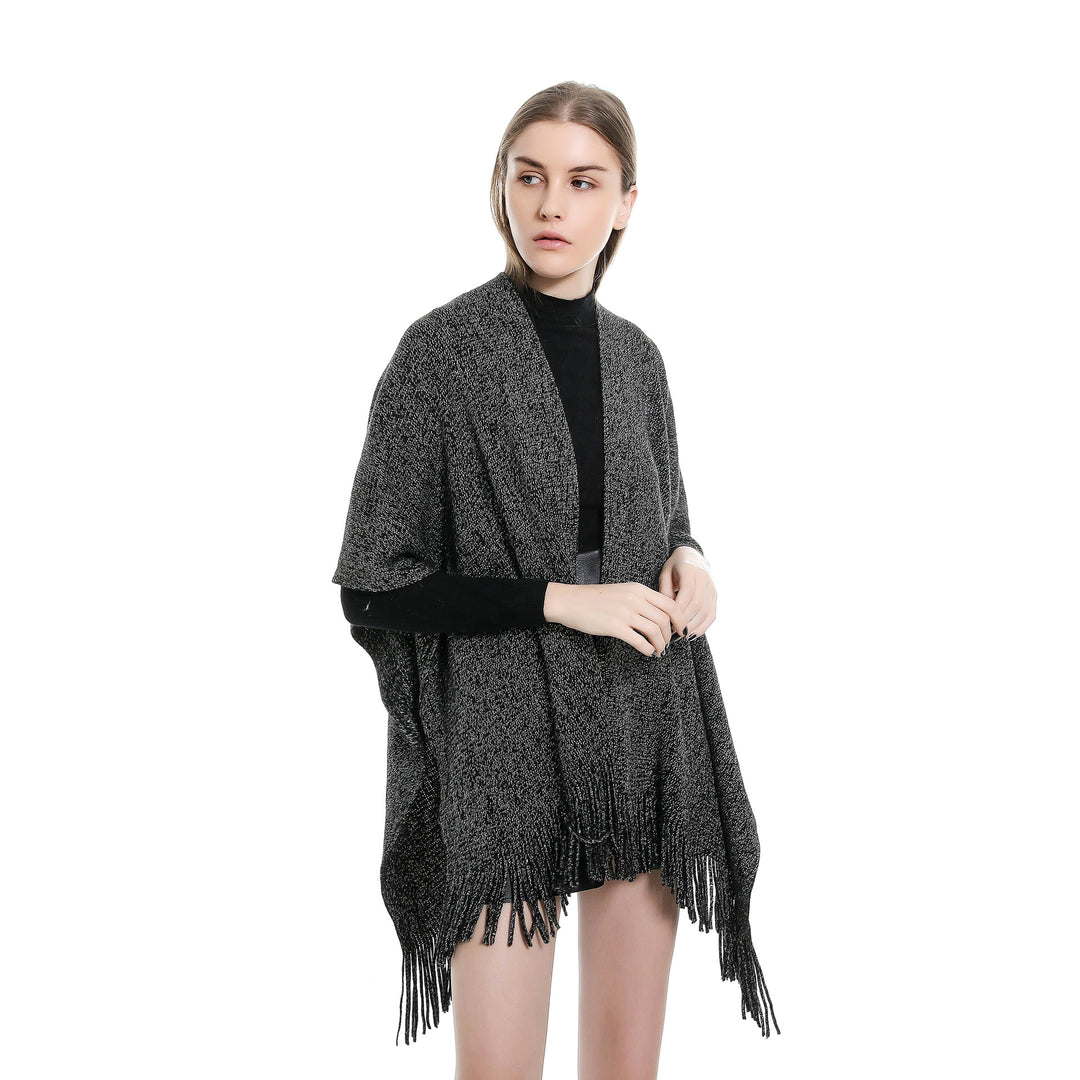 Women Oversize Knit Ruana with Glitter Thread and Fringes Mune Fashion