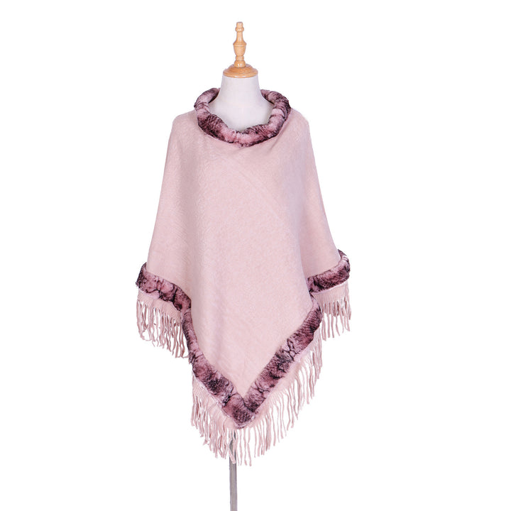 Ladies elegant wool blend poncho with faux fur trim and fringed hem Mune Fashion