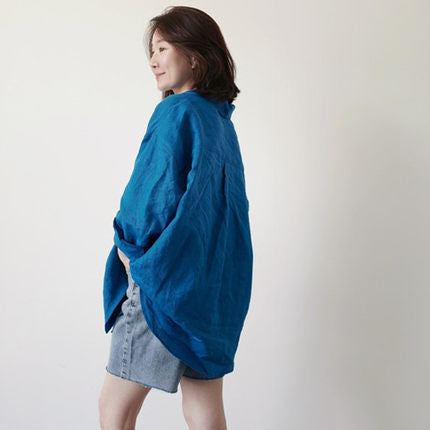 Women's Loose Longline Linen Shirt with Mandarin Collar, Drop Shoulder and Rounded Hem Mune Fashion