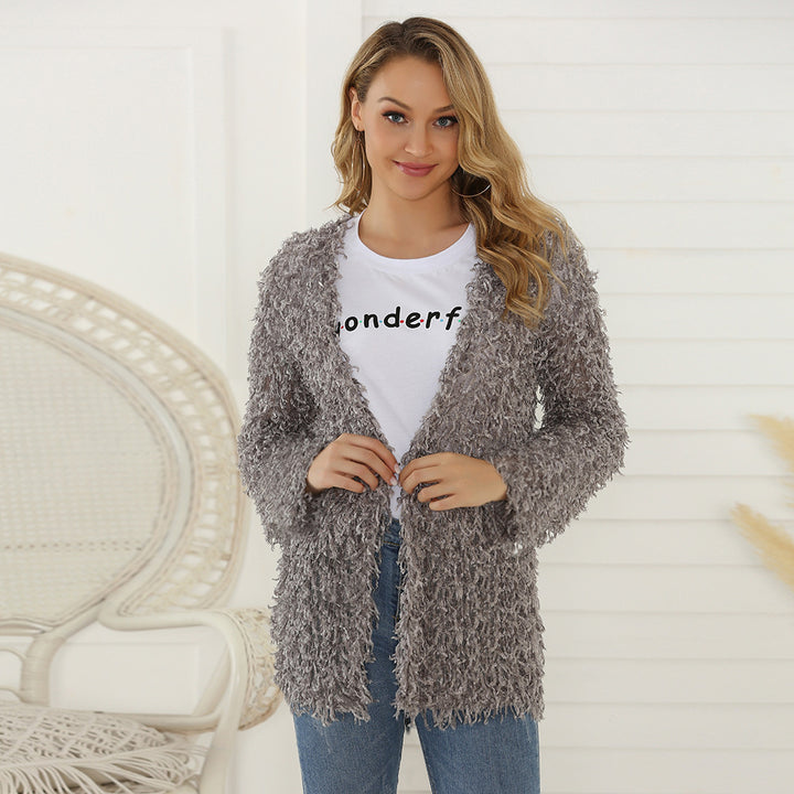 Women's Fluffy Shaggy Cardigan with Open Front & Relaxed Fit Mune Fashion