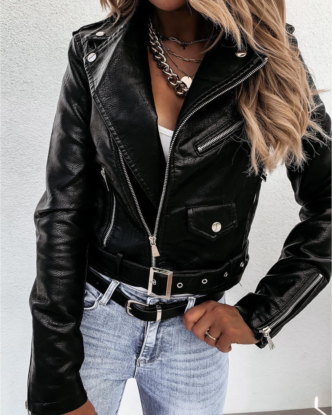 Mune | Cropped PU Leather Biker Jacket with Asymmetric Zipper