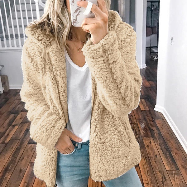 Women nan cozy teddy fleece transitional jacket with hood and zipper Mune Fashion
