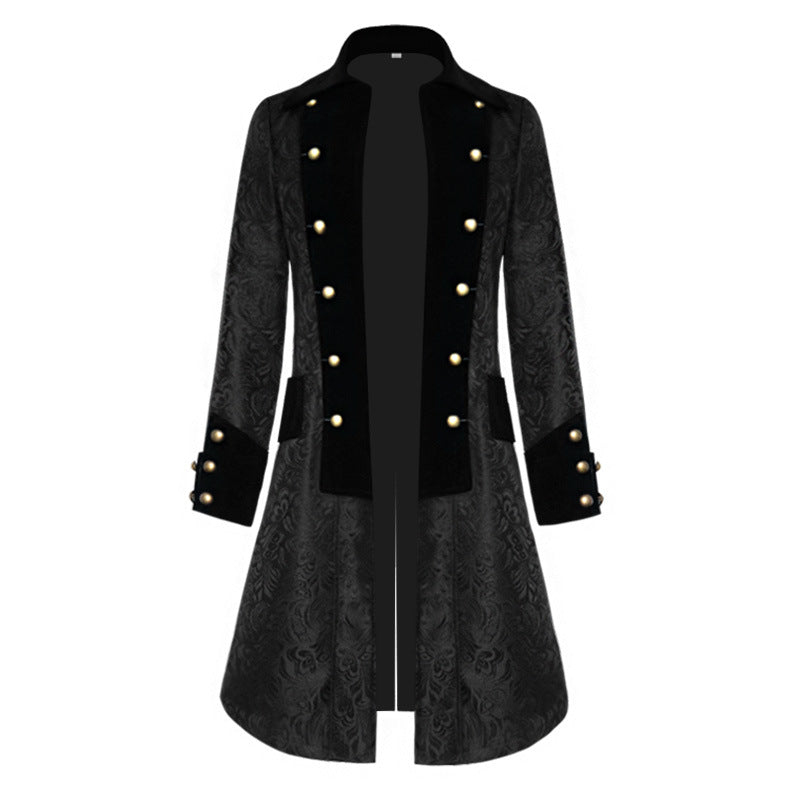 Men's long-cut Baroque frock coat with brocade pattern, velvet trim, and golden decorative buttons Mune Fashion