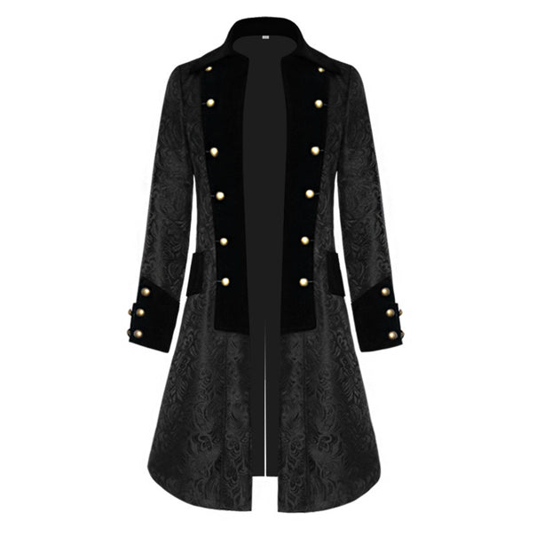 Men's long-cut Baroque frock coat with brocade pattern, velvet trim, and golden decorative buttons Mune Fashion