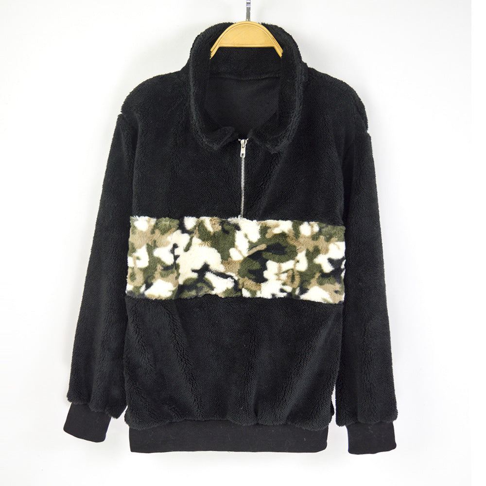Women's teddy fleece pullover with short zipper & camouflage cuff Mune Fashion